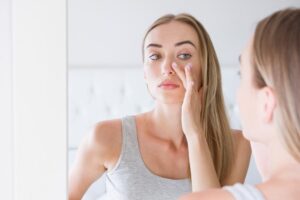 Woman looking at her nose in the mirror
